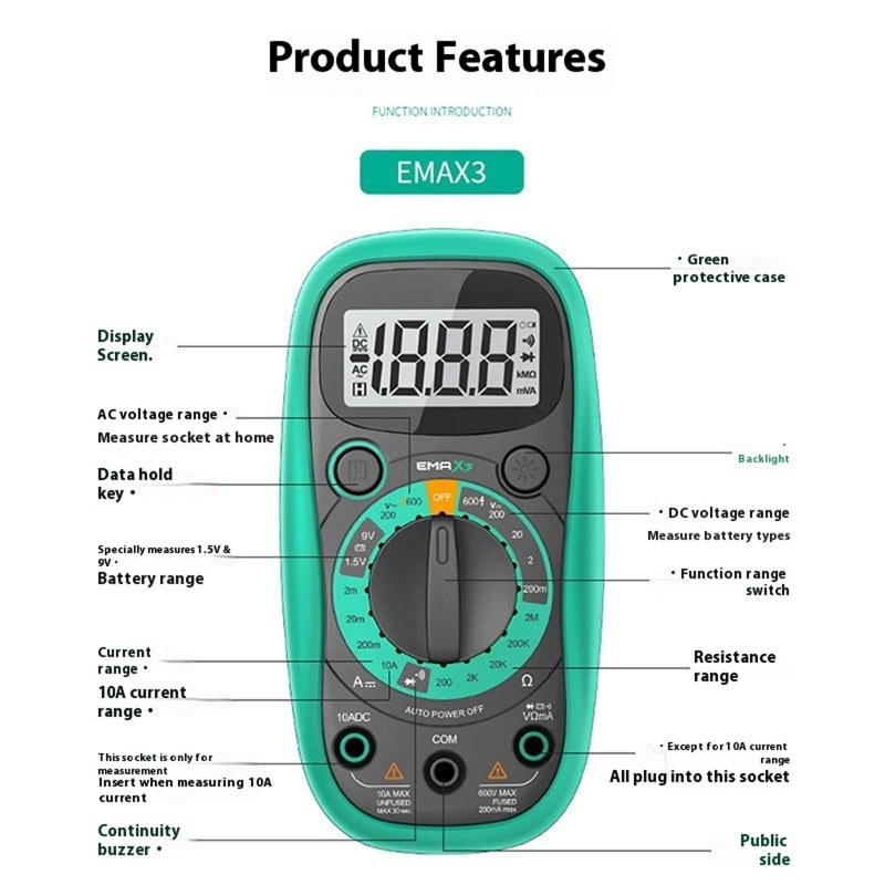 EMAX5 ملتيميتر رقمي بشاشة LCD مضاءة وصفارة وعداد 1999، جهاز اختبار جهد محمول - Image 4