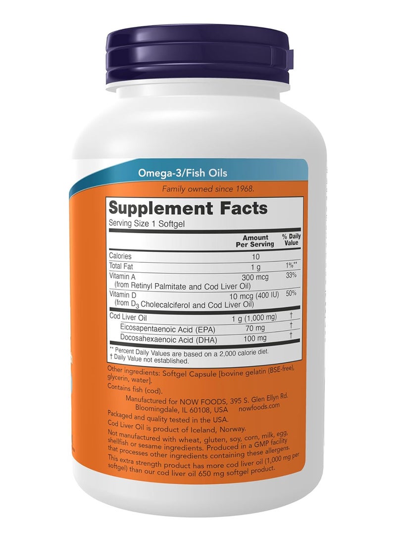 now Cod Liver Oil Extra Strength 1000 Mg With Vitamins A And D3 Epa Dha 180 Softgels - Image 2