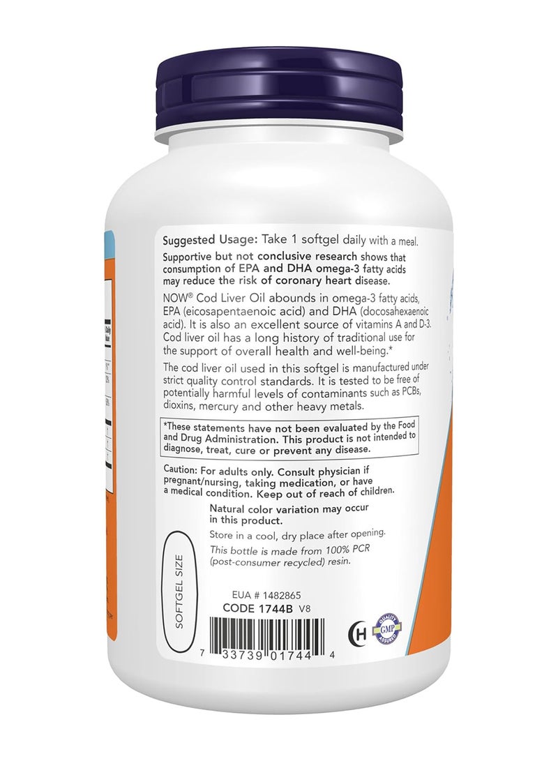 now Cod Liver Oil Extra Strength 1000 Mg With Vitamins A And D3 Epa Dha 180 Softgels - Image 3