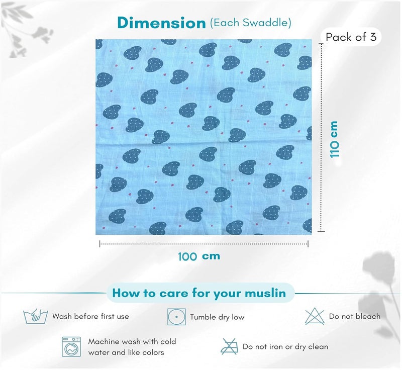 Comfy Cheeks 100% Cotton Muslin Baby Swaddle Set – Pack of 1 | Large 115x100 cm Mulmul Swaddle Wrap for Newborn to 18 Months | Soft Breathable Printed Baby Blanket & Towel (1) - Image 2