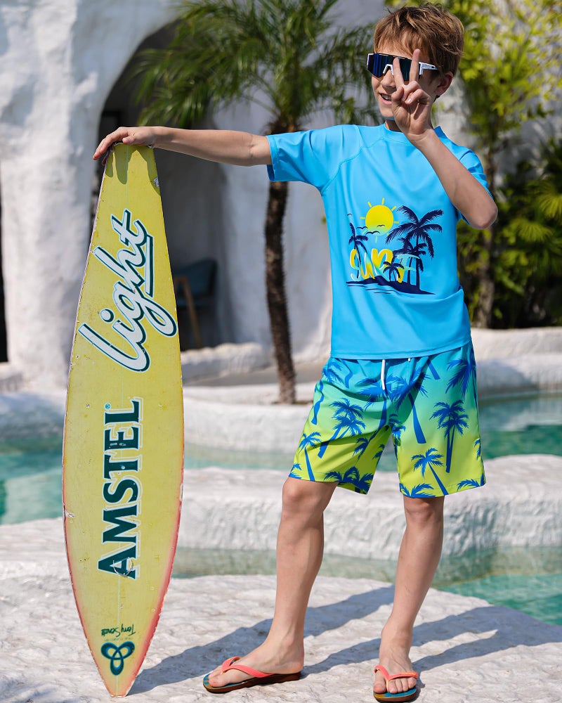 AuSletie Boys Two Piece Rash Guard Swimsuits Sets Kids Short Sleeve Swimsuits Bathing Suit with Swim Trunks Swimwear Set - Image 3