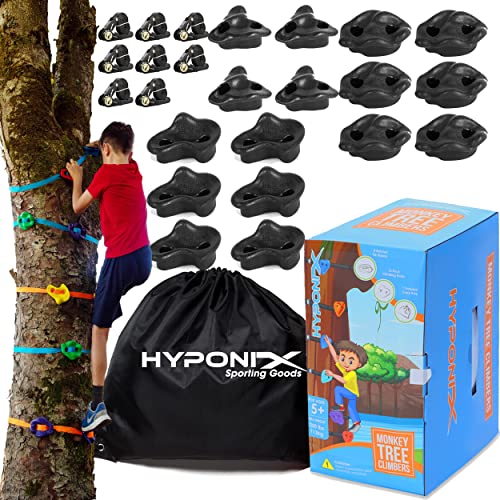 Hyponix Sporting طقم تسلق الأشجار هايبو نيكس نينجا 16 قبضة صخرية كبيرة 8 رافعات إعداد في 10 دقائق قبضة سميكة ذات ملمس يدعم 250 رطلاً شهادة سلامة CPC حقيبة محمولة متعة في الفناء الخلفي هدية مثالية للأطفال - Image 1