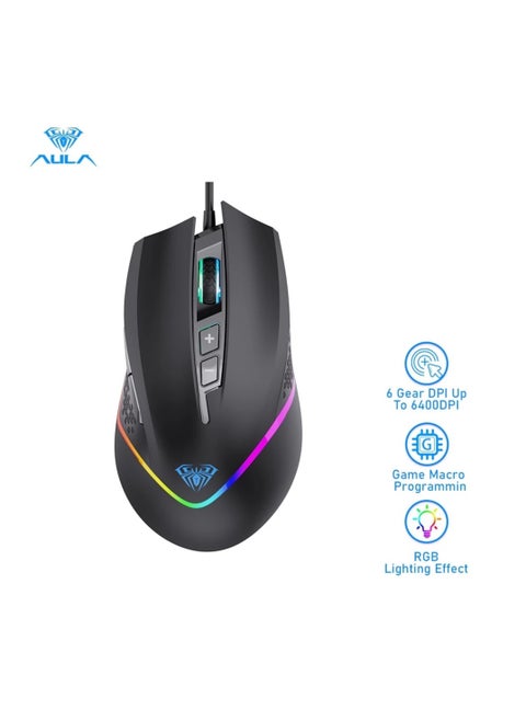 AULA F805 Wired Gaming Mouse with Side Buttons RGB Backlit, 6400 DPI Adjustable Ergonomic Optical USB Computer Mice, Black
