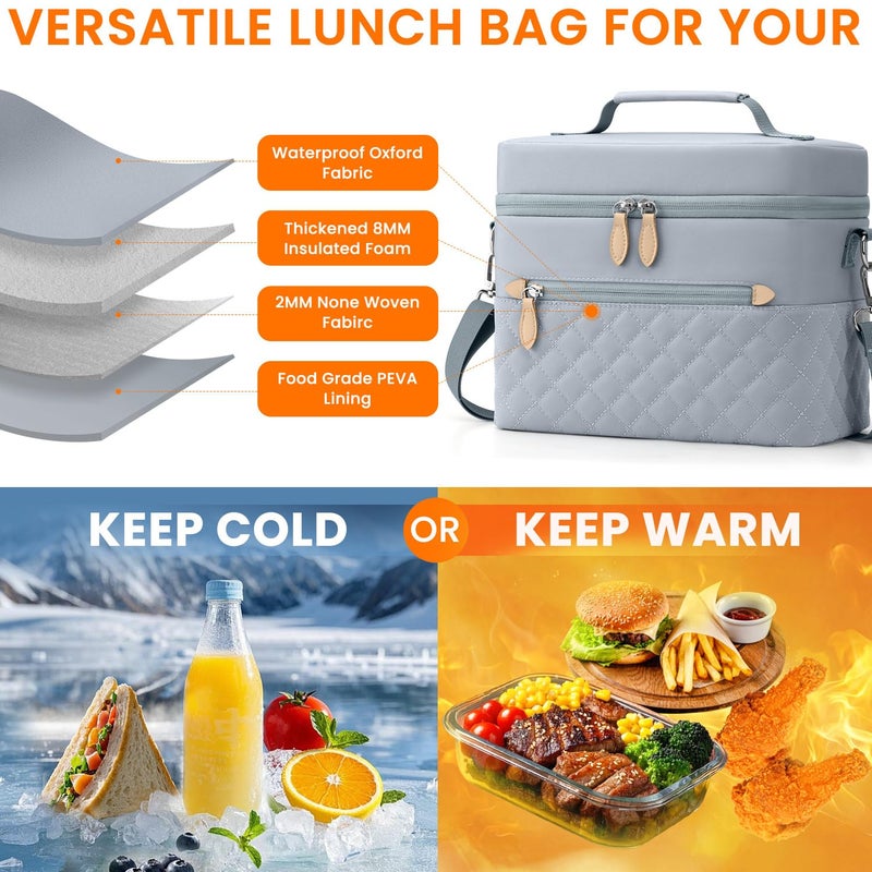 Tenot Insulated Lunch Box for Women Reusable, Leak Proof Cooler Lunch Bag Women for Work Stylish Quilted Lunch Tote Bag for Adult Picnic Travel Hiking Light Blue - Image 2