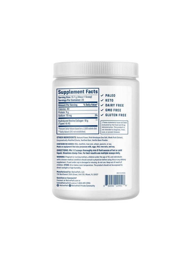 NativePath Collagen Peptides - Hydrolyzed Type 1 & 3 Collagen. Keto & Paleo Grass-Fed Protein Powder for Hair, Skin, Nails, Bones, Joints, Digestion and More - No Gluten or Dairy (Vanilla Bean, 214g) - Image 3