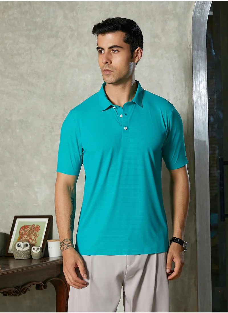 كامبوس سوترا Campus Sutra Men's Aqua Green Seamless Striped Polo T-Shirt For Casual Wear | Polo Neck | Short Regular Sleeves | Button Closure | T-Shirt Crafted With Comfort Fit For Everyday Wear