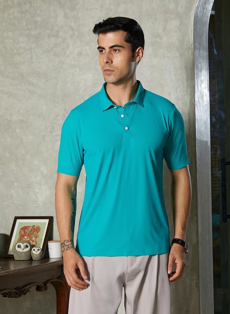 Campus Sutra Campus Sutra Men's Aqua Green Seamless Striped Polo T-Shirt For Casual Wear | Polo Neck | Short Regular Sleeves | Button Closure | T-Shirt Crafted With Comfort Fit For Everyday Wear  - Image 2