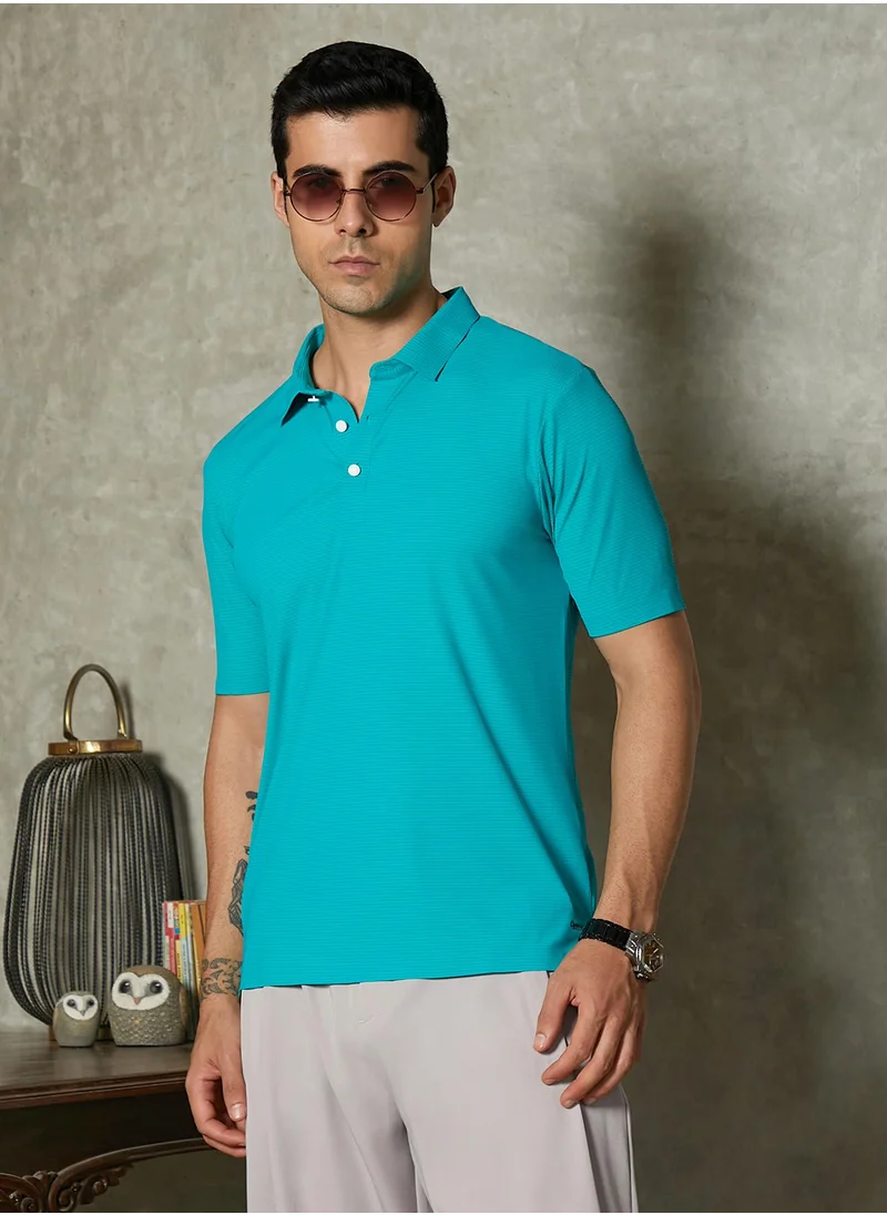 كامبوس سوترا Campus Sutra Men's Aqua Green Seamless Striped Polo T-Shirt For Casual Wear | Polo Neck | Short Regular Sleeves | Button Closure | T-Shirt Crafted With Comfort Fit For Everyday Wear