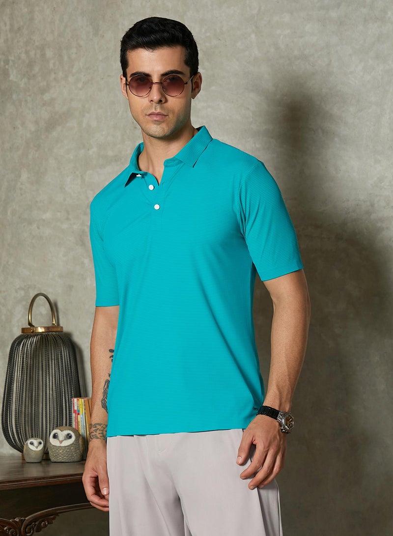 Campus Sutra Campus Sutra Men's Aqua Green Seamless Striped Polo T-Shirt For Casual Wear | Polo Neck | Short Regular Sleeves | Button Closure | T-Shirt Crafted With Comfort Fit For Everyday Wear  - Image 1