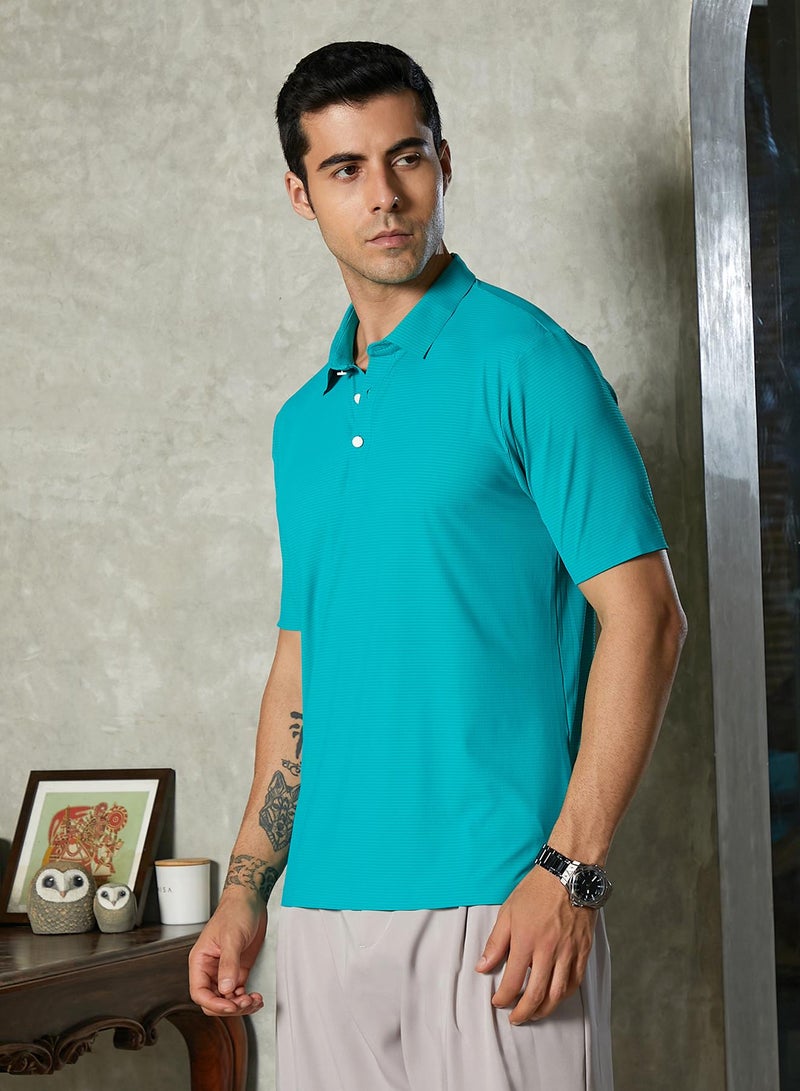 Campus Sutra Campus Sutra Men's Aqua Green Seamless Striped Polo T-Shirt For Casual Wear | Polo Neck | Short Regular Sleeves | Button Closure | T-Shirt Crafted With Comfort Fit For Everyday Wear  - Image 3