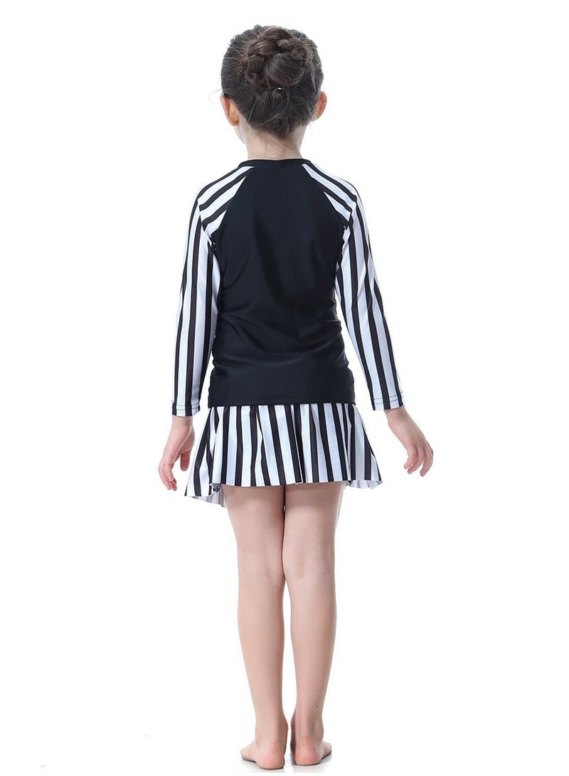 Loquat Girl's 3-Piece Stripes Pattern Swimwear Set Long Sleeve Burkini Swimsuit With Skirt Black/White  - Image 2