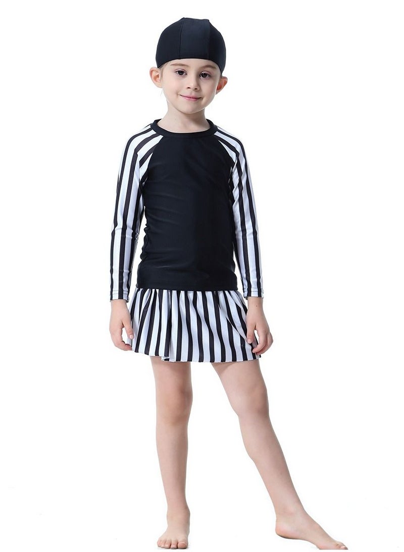 Loquat Girl's 3-Piece Stripes Pattern Swimwear Set Long Sleeve Burkini Swimsuit With Skirt Black/White  - Image 1