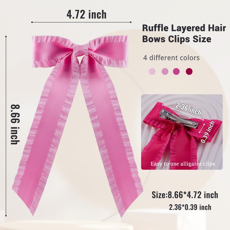 hisial 4PCS Ruffle Layered Hair Bows Alligator Clips Big Bowknot Barrettes Long Tail Tassel Hair Accessories for Women Girls Thick & Thin Hair Decoration(Pink/Hot Pink/Light Pink/Rose Red) - Image 2