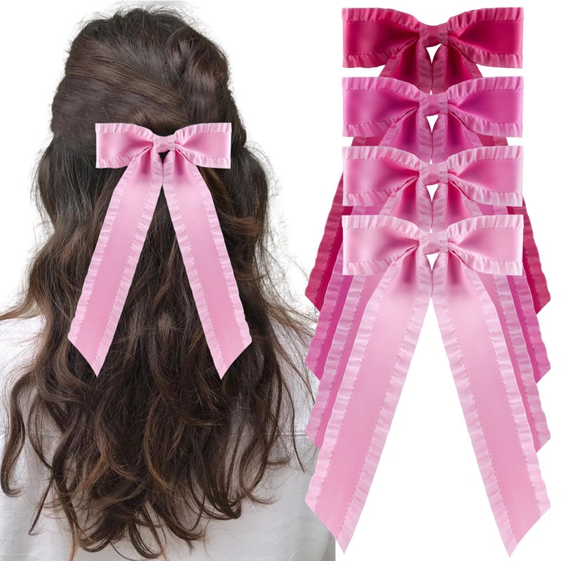 hisial 4PCS Ruffle Layered Hair Bows Alligator Clips Big Bowknot Barrettes Long Tail Tassel Hair Accessories for Women Girls Thick & Thin Hair Decoration(Pink/Hot Pink/Light Pink/Rose Red) - Image 1