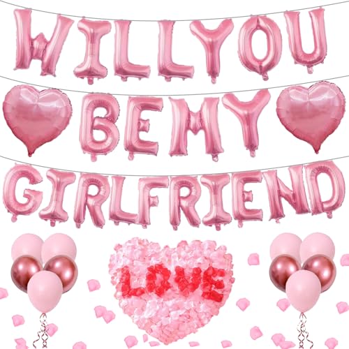 Pink 16 Will You Be My Girlfriend Balloons Letters  18 Heart Balloons Alphabet Foil Mylar Balloons with 1200 Pcs Artificial Rose Petals for Valentines Day Decorations