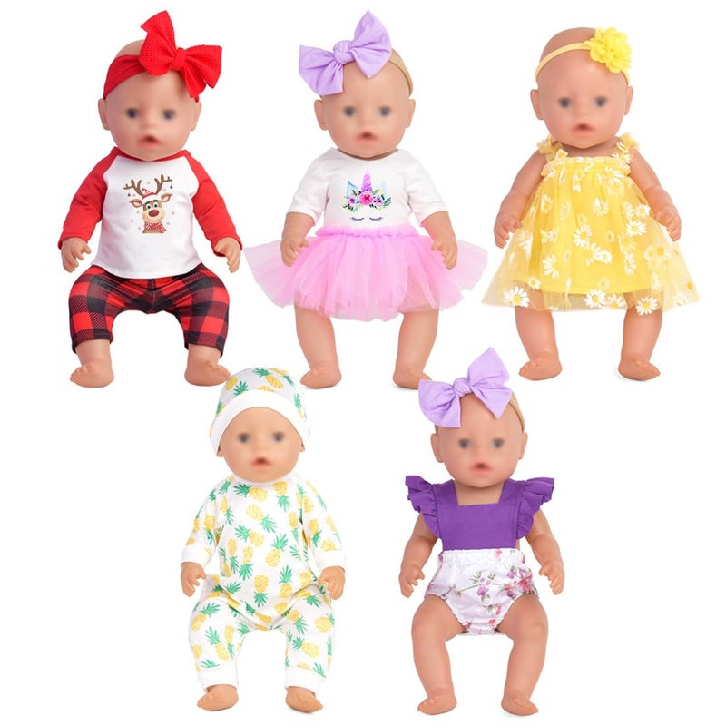 Sweet Dolly Baby Doll Accessories, 5 Set of Doll Clothes, Dress, Bodysuits Outfits for 15 Inch to 18 Inch Dolls, 15 Inch Baby Dolls, 11 PCs in Total Doll Clothes and Accessories - Image 1