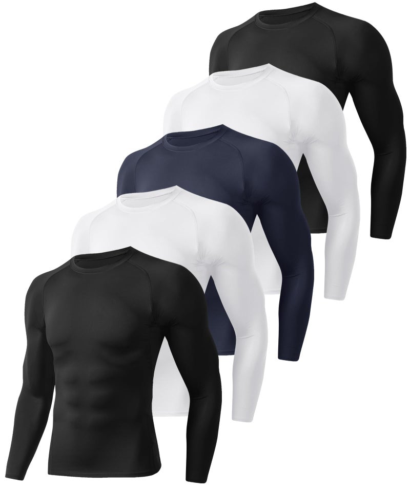 BOOJO 5 Pack Long Sleeve Compression Shirts for Men - Black Quick Dry Workout Base Layer Undershirt Top for Athletic Gym Running - Image 1