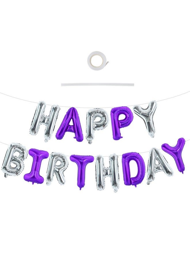 TONIFUL Happy Birthday Balloons with Ribbon Straw, 16 Inch Mylar Letters Balloons Sign Banner Bunting Reusable for Girls Boys Kids & Adults Party Decorations Supplies（Purple Silver） - Image 1