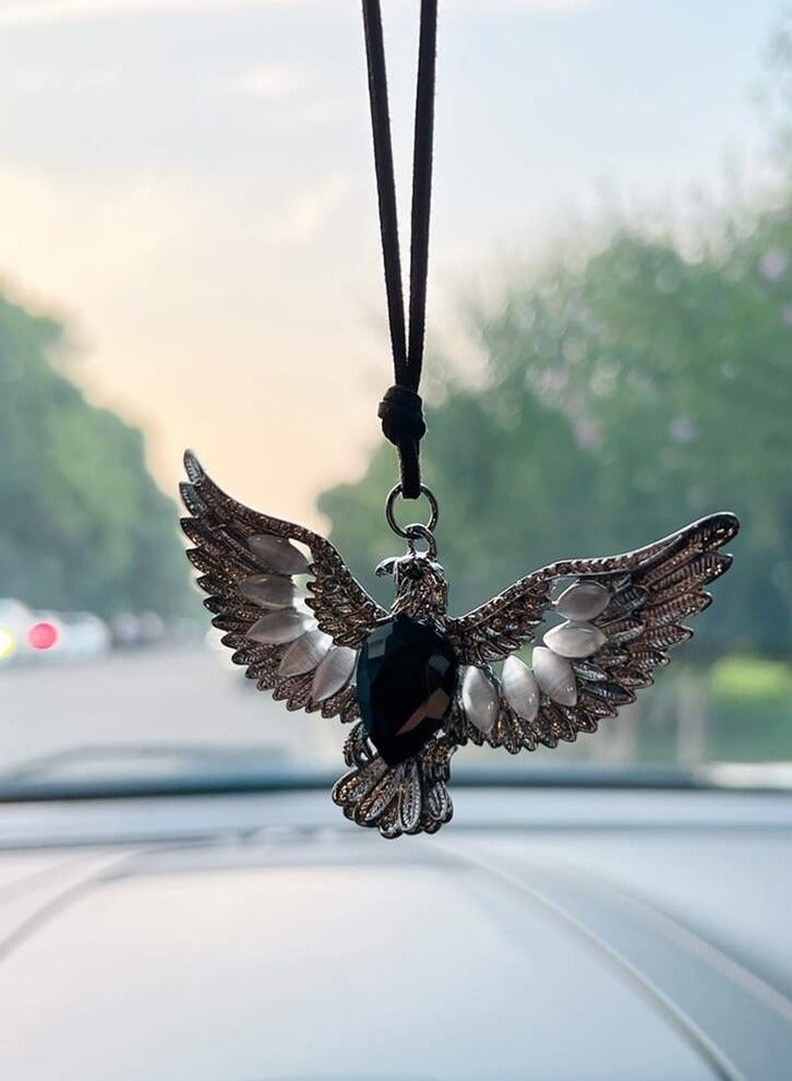 Car Hanging Ornament – Car Decoration with an Engraved Eagle Design, Made of Metal & Adorned with a Cat's Eye Stone, Perfect for Enhancing Your Car’s Interior Elegance – Length: 12 cm - Image 1