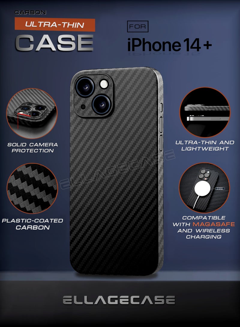ELLAGECASE حافظة لجهاز آيفون 14 بلس، كربون أسود، حماية قوية للكاميرا، رقيقة وخفيفة الوزن، كربون مغطى بالبلاستيك، متوافقة مع ماغسيف والشحن اللاسلكي - Image 1