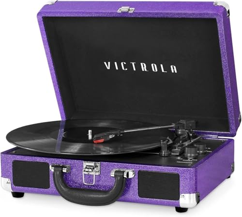 Victrola Journey Bluetooth Portable Suitcase Record Player – with Built-in Speakers, 3 Speed Vinyl Record Player, RCA Out, Headphone Jack (Purple Glitter) - Image 1