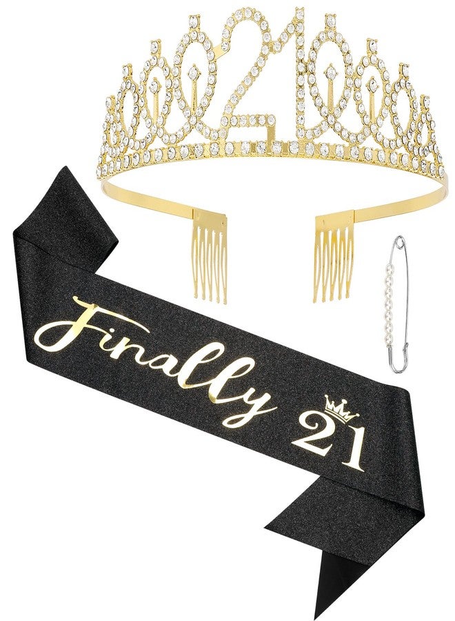 Semato Finally 21 'Finally 21' Black Birthday Sash and Gold Rhinestone Crown Tiara Set for Her 21st Birthday Party Favor Supplies - Image 1