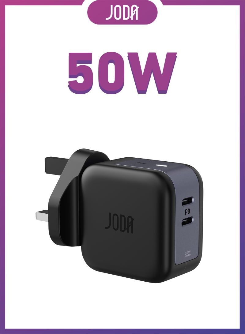 JODA 50W Dual USB Type-C Wall Charger – Black 50W Fast Charger ⚡50W GaN Charger ⚡JODA Dual Type-C Charger 🔌Dual USB Type-C Charger 🔋50W Compact Charger 📱50W Charger for Phones 📱⚡Dual GaN Adapter ⚡🔋Charger for Mobile Devices 📱💻50W Charger for Mobile Phones 📱🔋50W Fast Charging Charger ⚡💨Charger for Smartphones 📱📲Charger for Tablets and Smartwatches ⌚📱JODA 50W Fast Charging Plug ⚡🔌 - Image 1