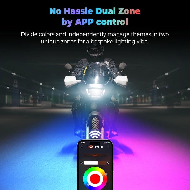 DITRIO 18pcs Underglow LED Strip Light Kit with APP Control, Dual Zone, Brake Turn Signal, 12V Waterproof Pixelglow Effects Color Chasing Lights for Motorcycles, Boats, Golf Carts, ATVs, UTVs,Trucks - Image 5