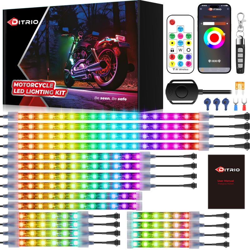 DITRIO 18pcs Underglow LED Strip Light Kit with APP Control, Dual Zone, Brake Turn Signal, 12V Waterproof Pixelglow Effects Color Chasing Lights for Motorcycles, Boats, Golf Carts, ATVs, UTVs,Trucks - Image 1