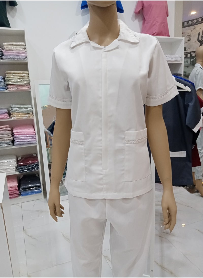 Rannah's Closet - Maid Uniform with Zipper Top and Pants White Domestic Helper Uniform - Image 1