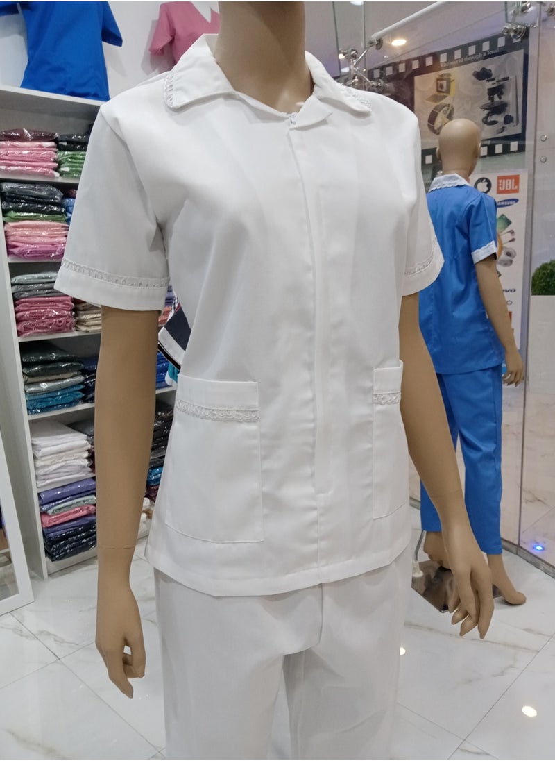 Rannah's Closet - Maid Uniform with Zipper Top and Pants White Domestic Helper Uniform - Image 1