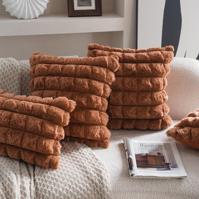 Neelvin Brown Faux Fur Cozy Soft Plaid Decorative Throw Pillow Covers 18x18 inch Set of 2,Velvet Pillowcase Cushion Case for Sofa Couch - Image 3