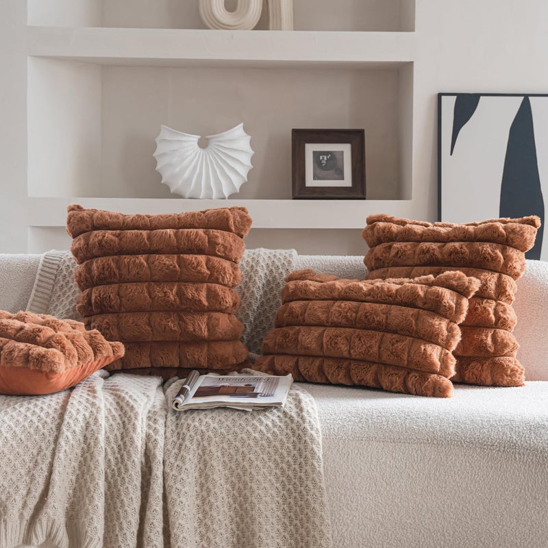 Neelvin Brown Faux Fur Cozy Soft Plaid Decorative Throw Pillow Covers 18x18 inch Set of 2,Velvet Pillowcase Cushion Case for Sofa Couch - Image 4