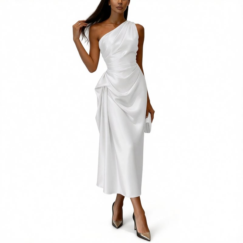 Elegant Stretch Satin Sleeveless Asymmetric Waist Midi Dress Evening Gown - Image 2