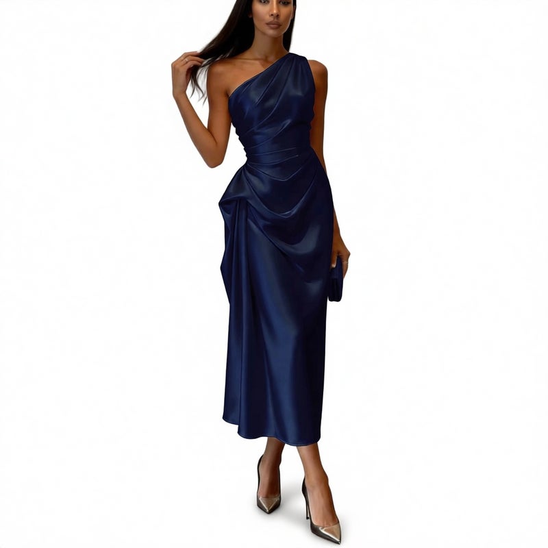 Elegant Stretch Satin Sleeveless Asymmetric Waist Midi Dress Evening Gown - Image 1