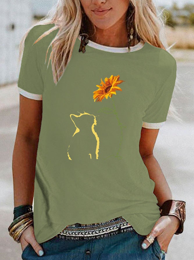 wish cat sunflower pattern printed edge contrast short sleeve t-shirt - Image 5