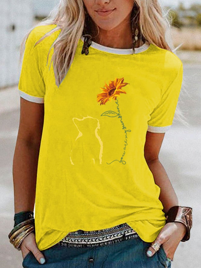wish cat sunflower pattern printed edge contrast short sleeve t-shirt - Image 1