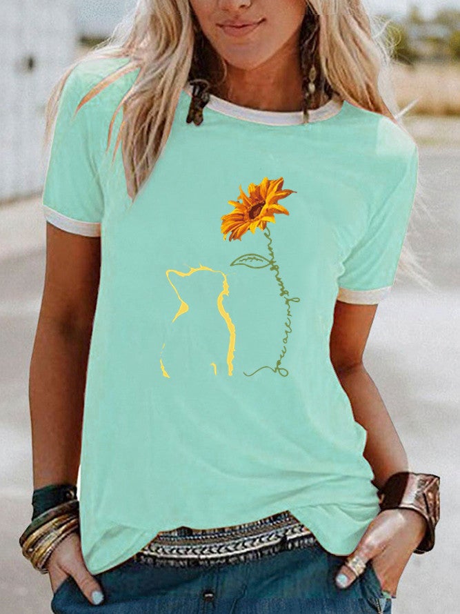 wish cat sunflower pattern printed edge contrast short sleeve t-shirt - Image 3