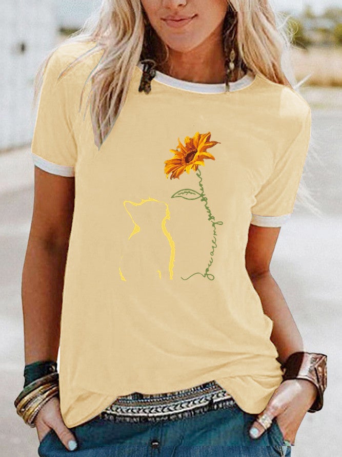 wish cat sunflower pattern printed edge contrast short sleeve t-shirt - Image 4