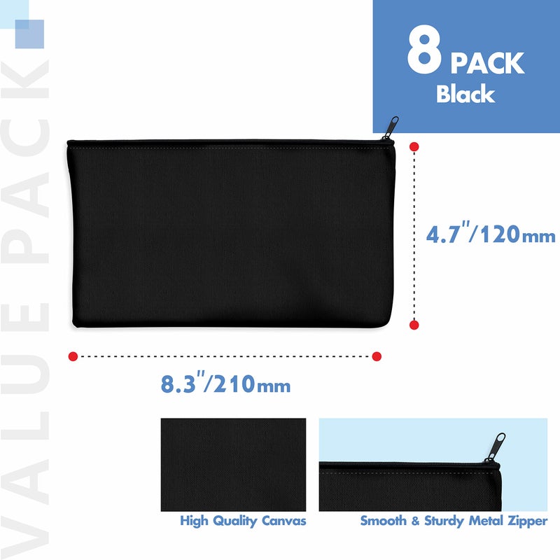 Vantasii 8 Pack Canvas Pencil Pouch, DIY Craft Zipper Bags Blank Makeup Bags Multifunctional Pouches Pencil Case for Cosmetic Toiletry Stationary (Black, 8.3â€ x 4.7â€) - Image 3