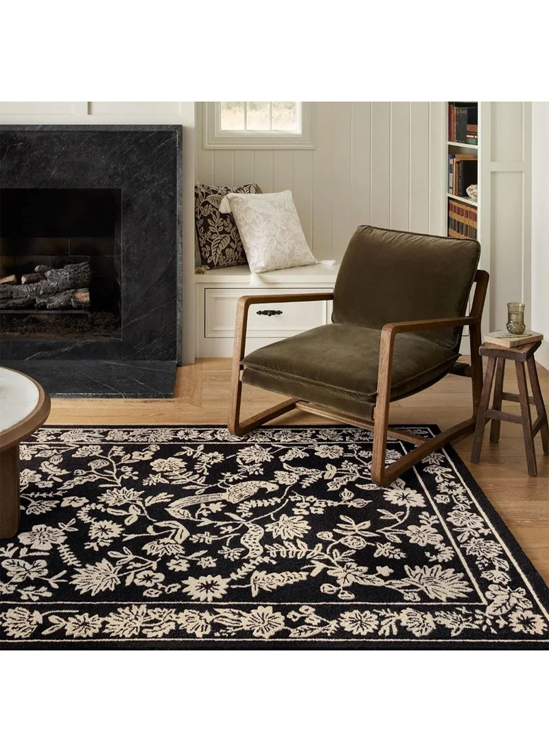 Vagonik Wagonic Flower and Bird Patterned Beige Black Digital Printed Carpet Non-Slip Based Washable Carpet