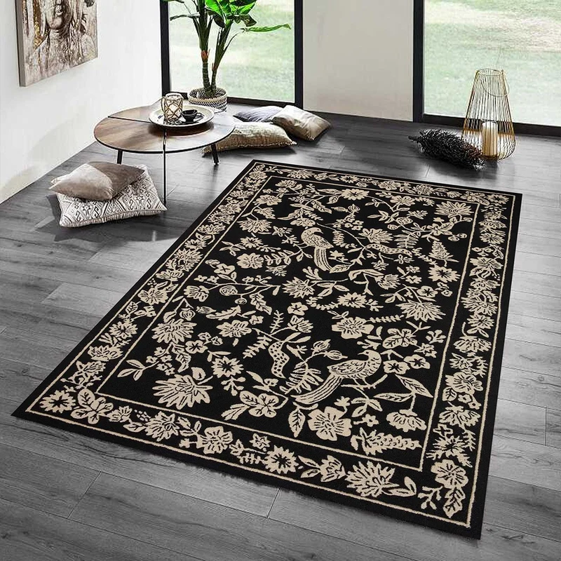 فاجونيك Wagonic Flower and Bird Patterned Beige Black Digital Printed Carpet Non-Slip Based Washable Carpet