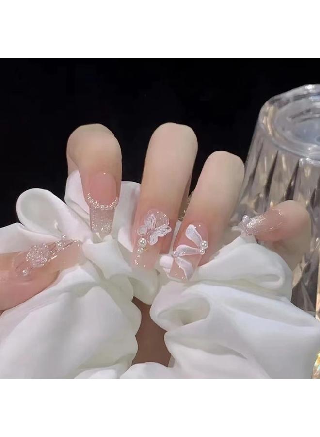 Bluejw Hand-Wearing Nail Pieces Advanced Sense White Fake Nail Nail Pieces Explosive Ins Wind Broken Diamond Butterfly Special Patch - Image 1