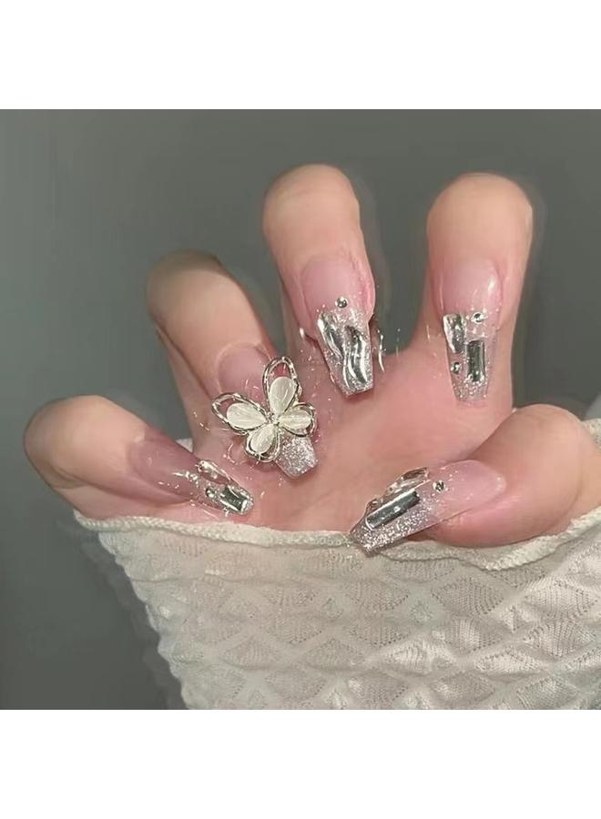 Bluejw Hand-Wearing Nail Pieces Advanced Sense White Fake Nail Nail Pieces Explosive Ins Wind Broken Diamond Butterfly Special Patch - Image 2