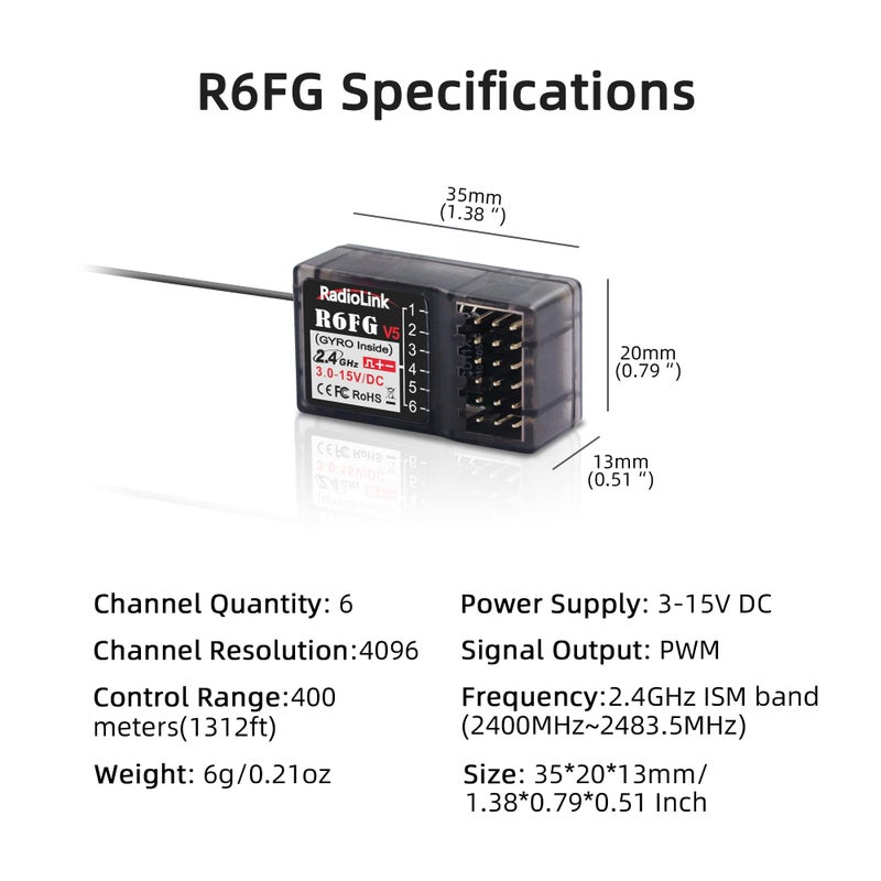 RADIOLINK راديو لينك R6FG جهاز استقبال RC 2.4 جيجاهرتز مع جيروسكوب مدمج 6 قنوات مدى طويل يصل إلى 400 م للسيارات والقوارب متوافق مع RC8X/RC6GS V3/RC4GS V3/T8FB/T8S/T16D/T12D - Image 2