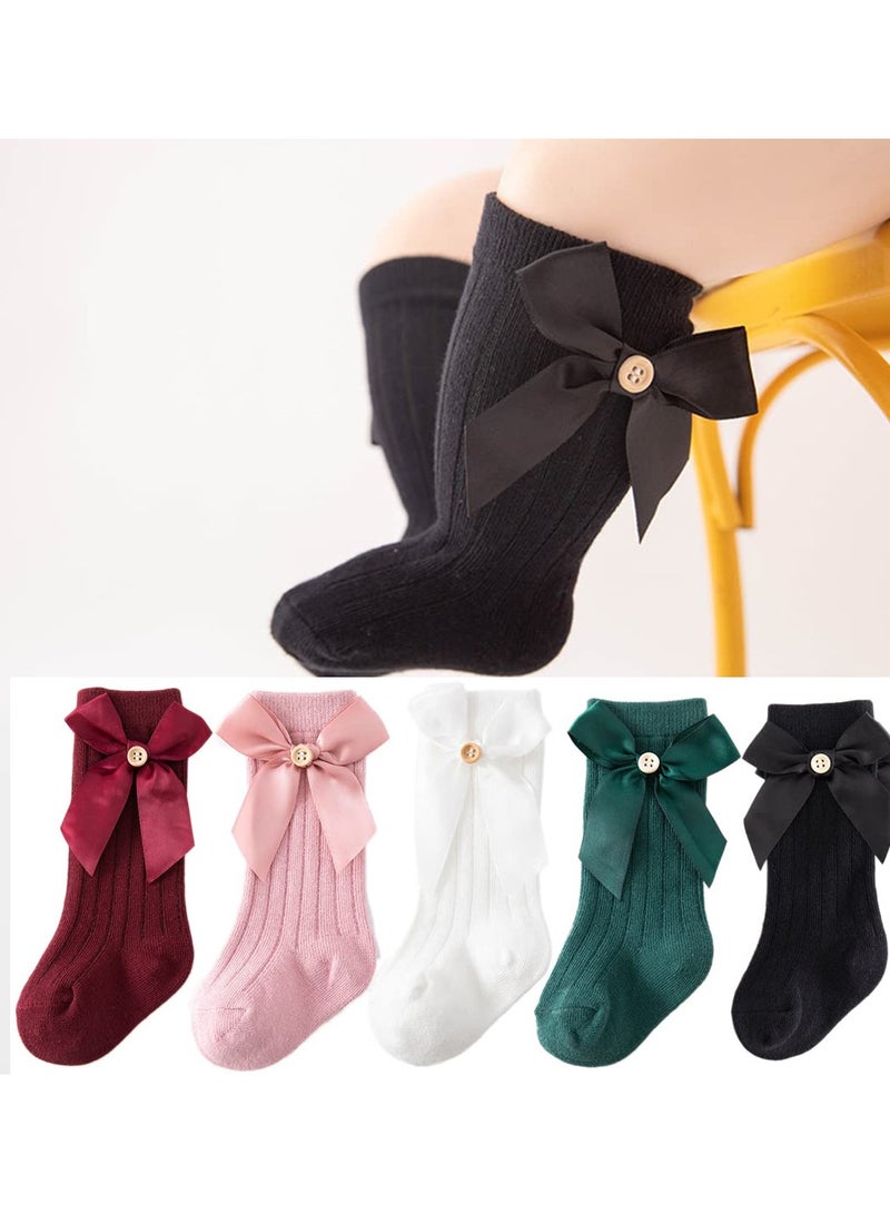 KASTWAVE Baby Girls Knee High Socks Toddlers Newborn Infant Bow Princess Dress Dance Knit Socks Tube Ruffled Uniform Stockings 5 Pairs 1-3 Years  - Image 1