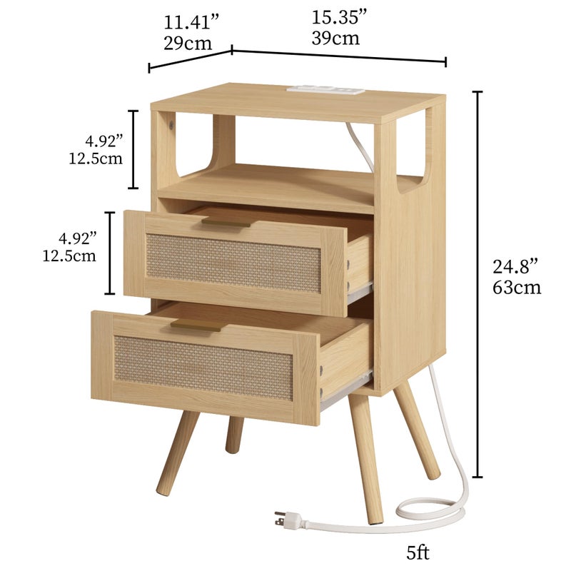 JOONEE Rattan Nightstand with Charging Station,Farmhouse Bedside Table with 2 Storage Drawer and Open Wood Shelf, for Bedroom and Small Spaces,Night Stand with Solid Wood Legs (Yellow Oak-Outlet) - Image 3