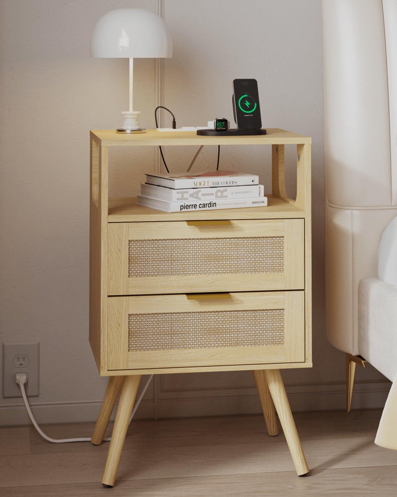 JOONEE Rattan Nightstand with Charging Station,Farmhouse Bedside Table with 2 Storage Drawer and Open Wood Shelf, for Bedroom and Small Spaces,Night Stand with Solid Wood Legs (Yellow Oak-Outlet) - Image 1