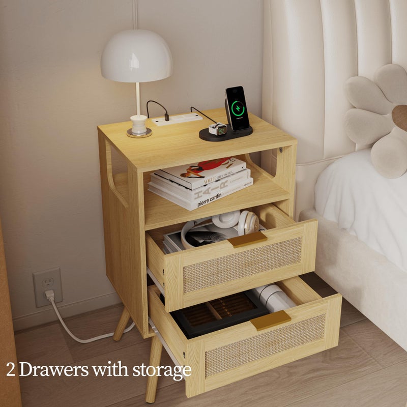 JOONEE Rattan Nightstand with Charging Station,Farmhouse Bedside Table with 2 Storage Drawer and Open Wood Shelf, for Bedroom and Small Spaces,Night Stand with Solid Wood Legs (Yellow Oak-Outlet) - Image 4