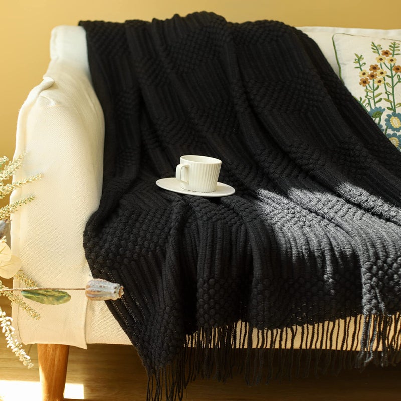 Blagic Knitted Throw Blanket for Couch  Bed and Sofa. Super Soft Blanket with Tassels  Black Throw Blanket  50 x 60 Inches Lightweight & Cosy Home Decor - Image 1